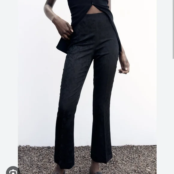 ZARA FLARED JACQUARD BLACK PANTS SIZE M - Picture 3 of 5